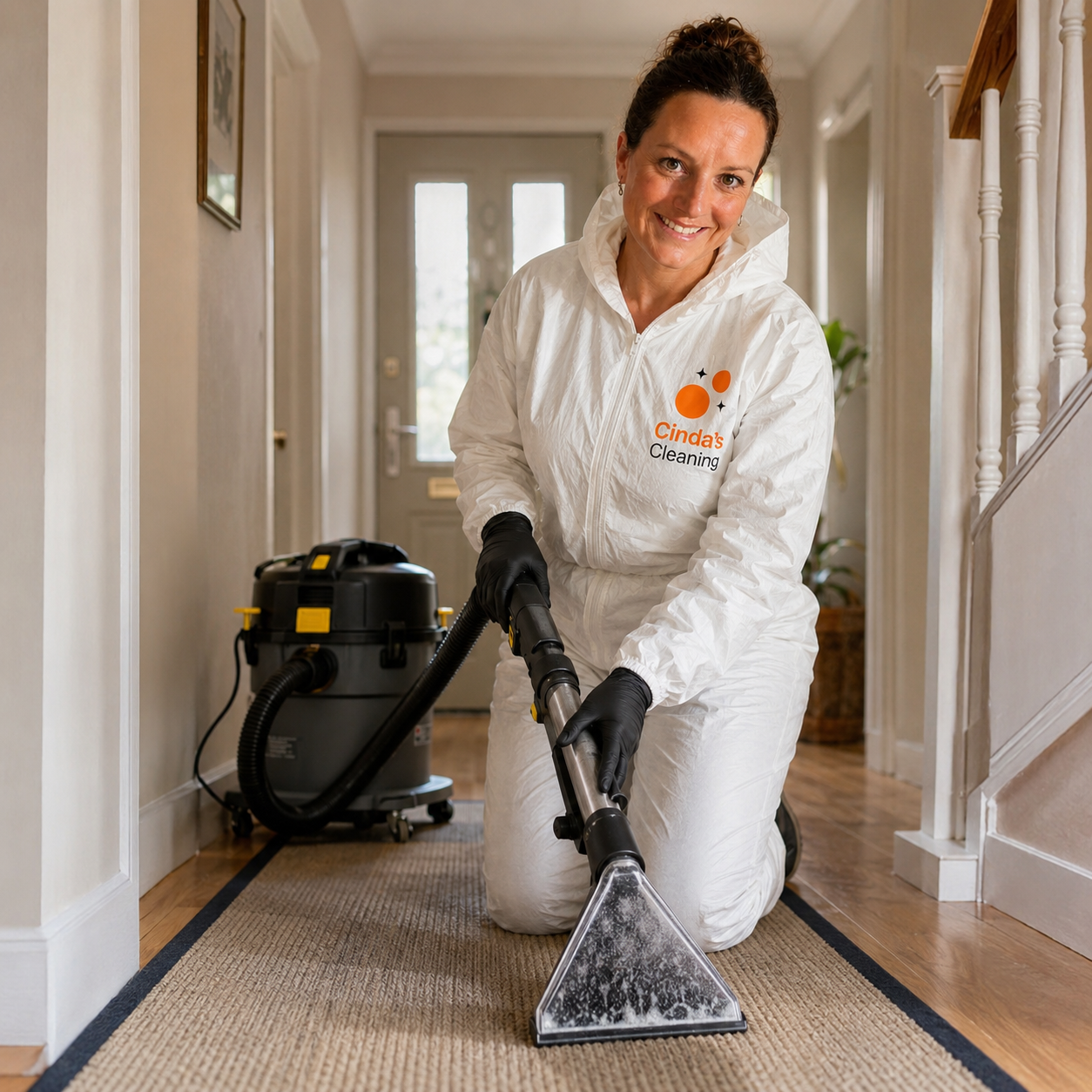 Cinda's Cleaning specialist cleaner using carpet extraction equipment