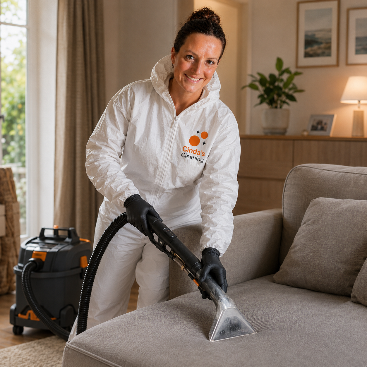 Cinda specialist cleaning a sofa with extraction equipment