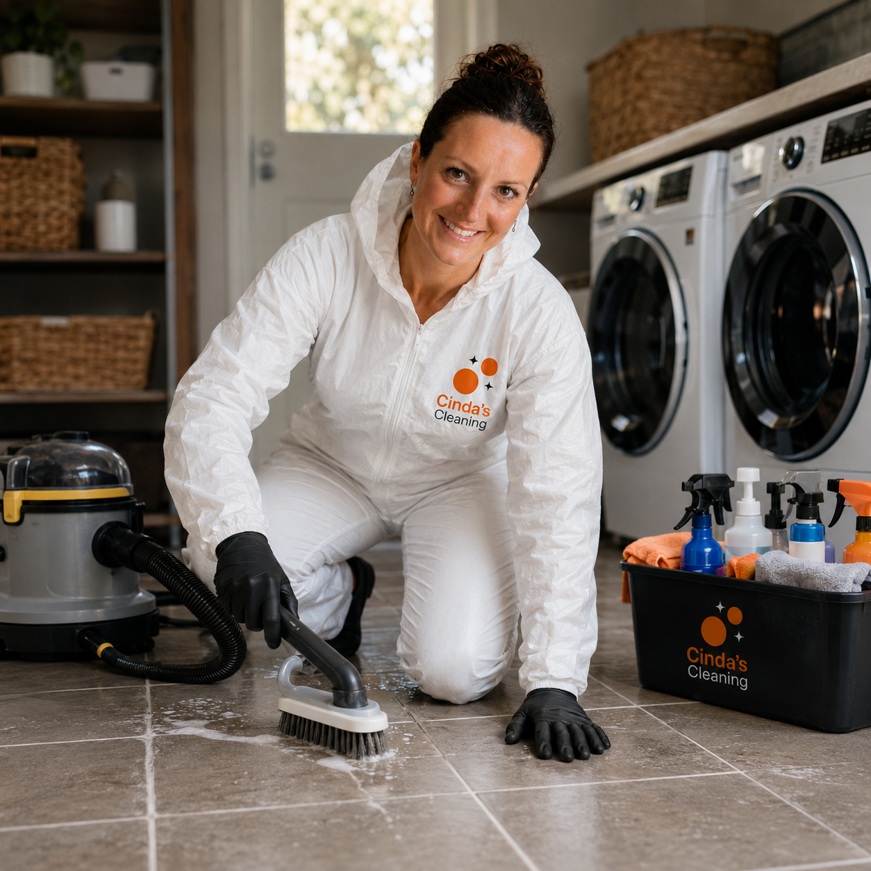 Cinda's Cleaning specialist cleaner deep cleaning a utility room floor
