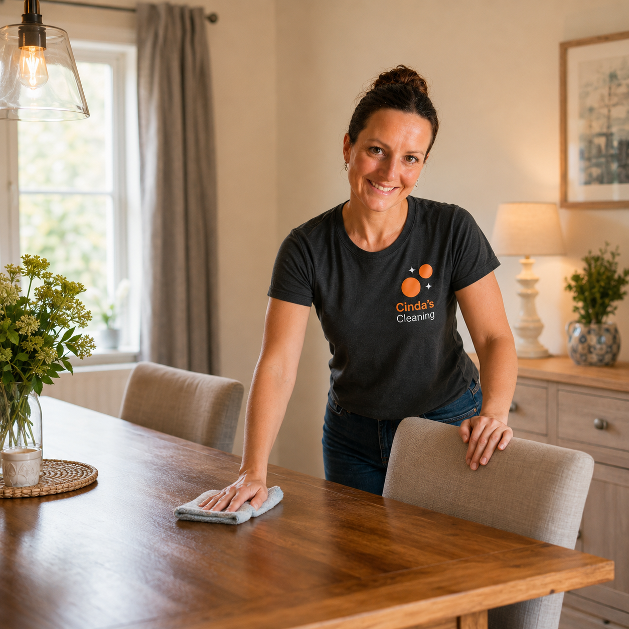 Cinda cleaning a polished dining table