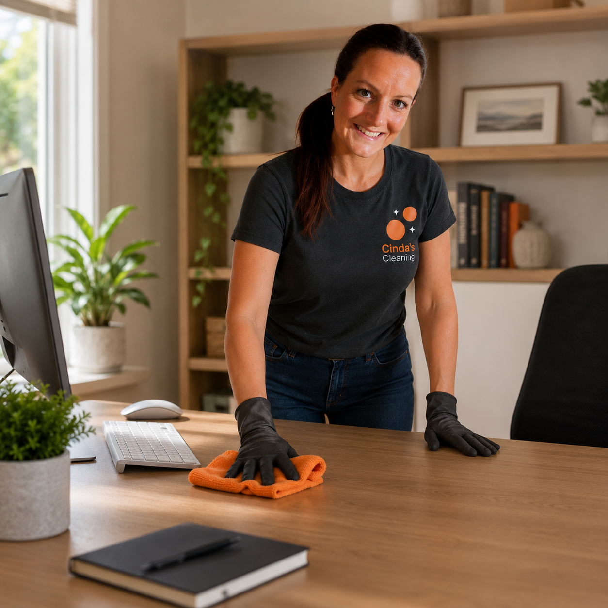 Cinda cleaning a tidy office desk