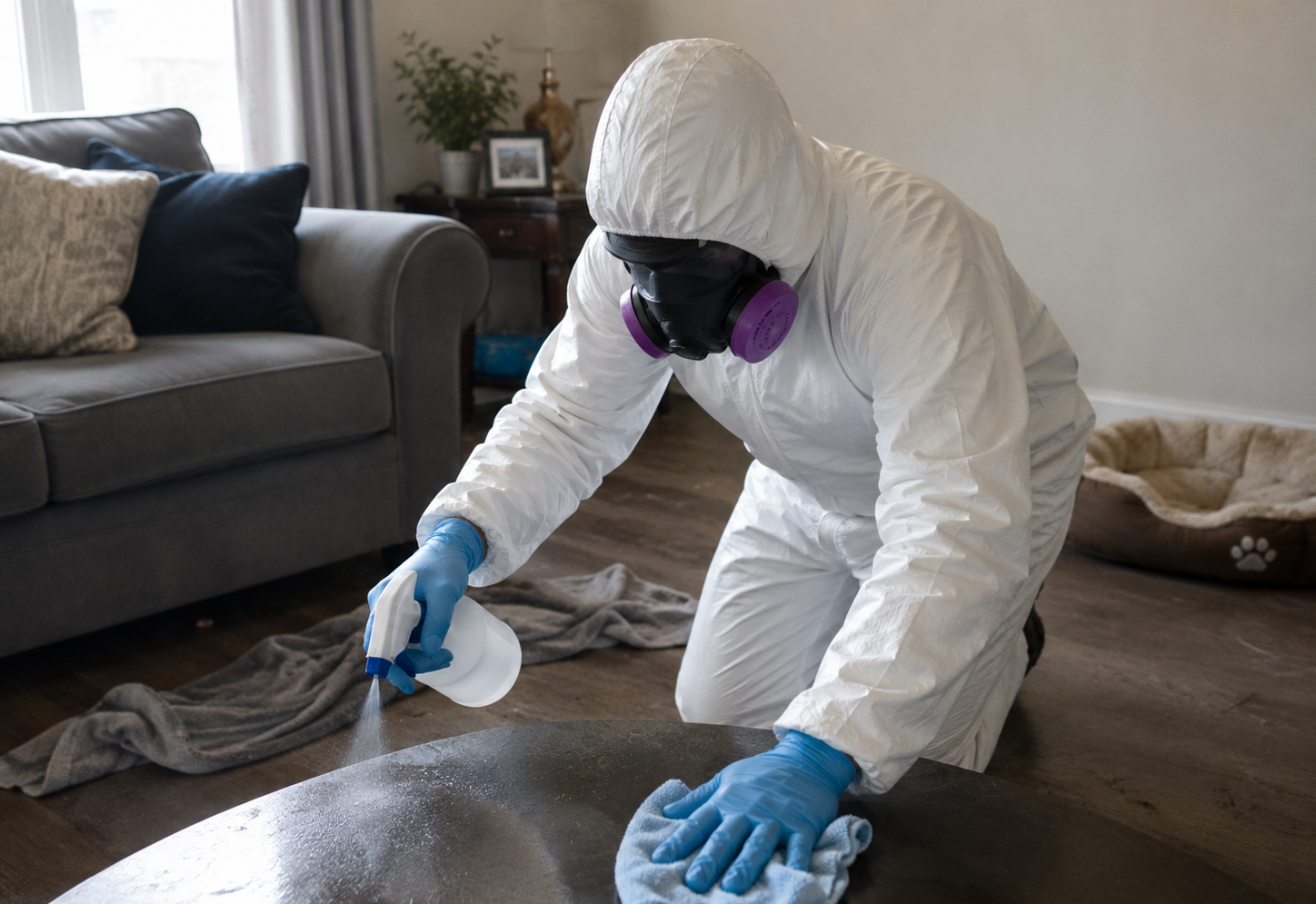 Specialist disinfection and deodorisation cleaning of a living room surface