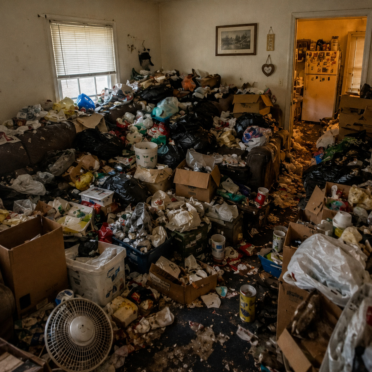 Severe hoarding cleanup room before specialist clearance
