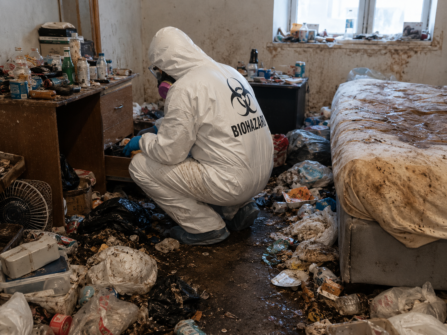 Hoarding cleanup in a contaminated bedroom