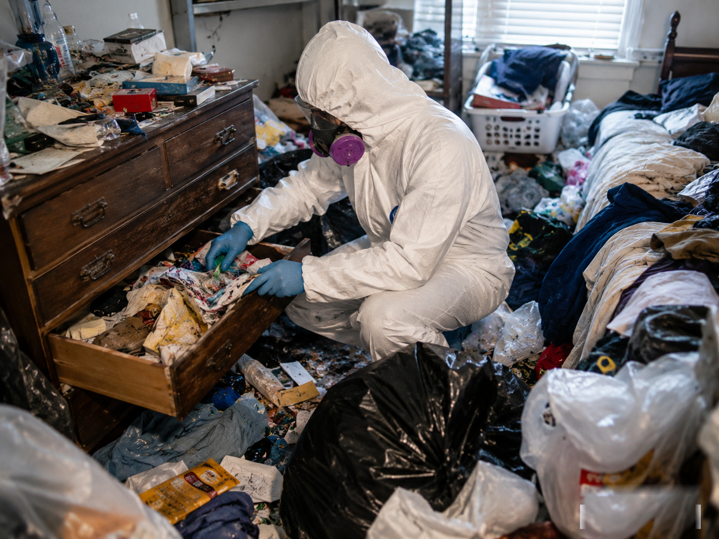 Hoarding cleanup and sorting in a cluttered bedroom