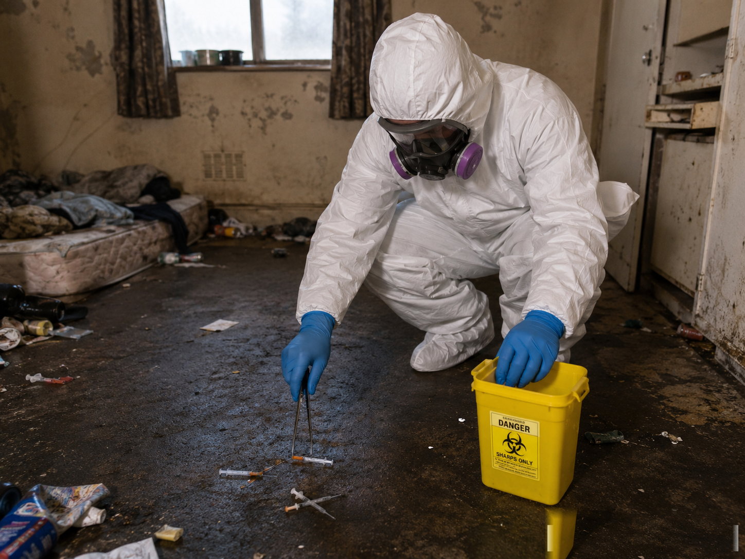Needle and sharps cleanup with a yellow sharps container