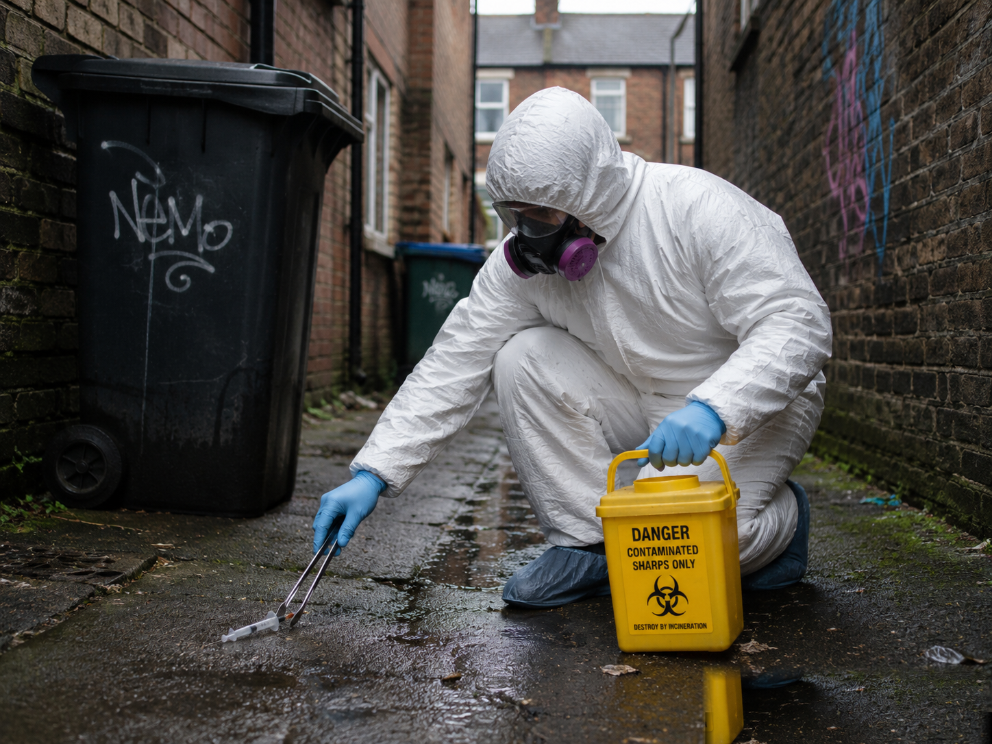 Outdoor needle and sharps cleanup with safe disposal container
