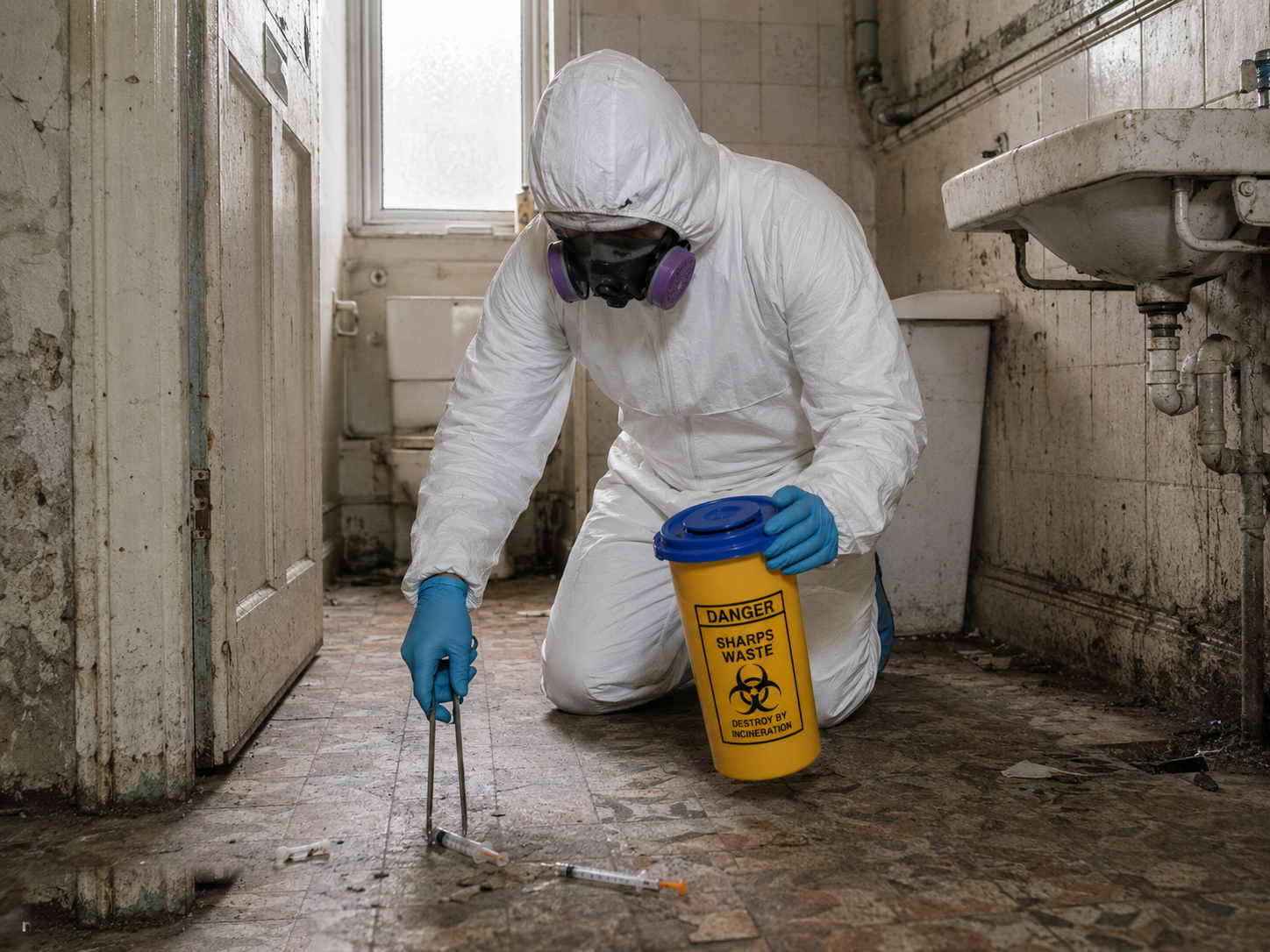 Sharps cleanup with protected technician and yellow sharps container